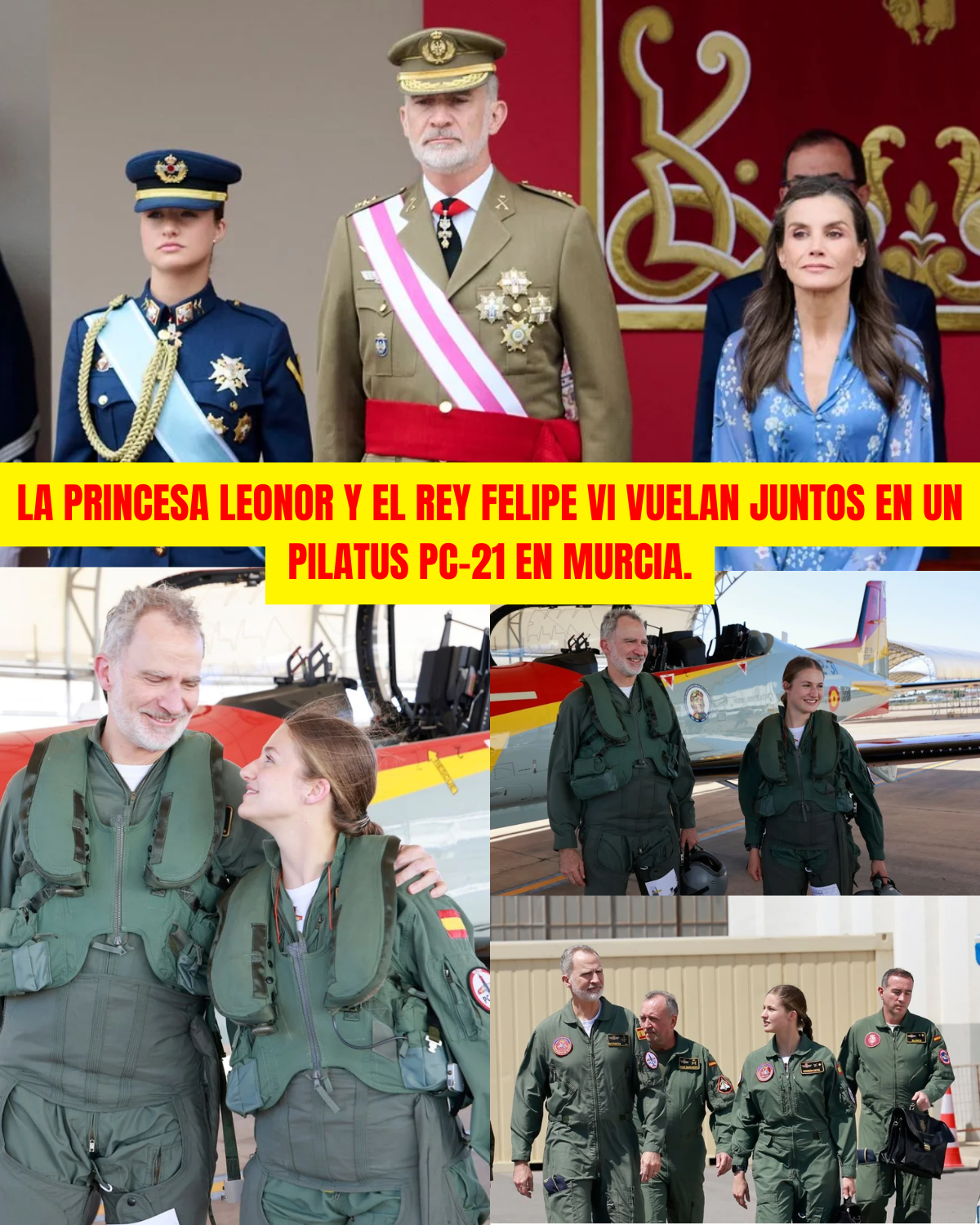 La princesa Leonor y el rey Felipe VI vuelan juntos en un Pilatus PC-21 en Murcia.