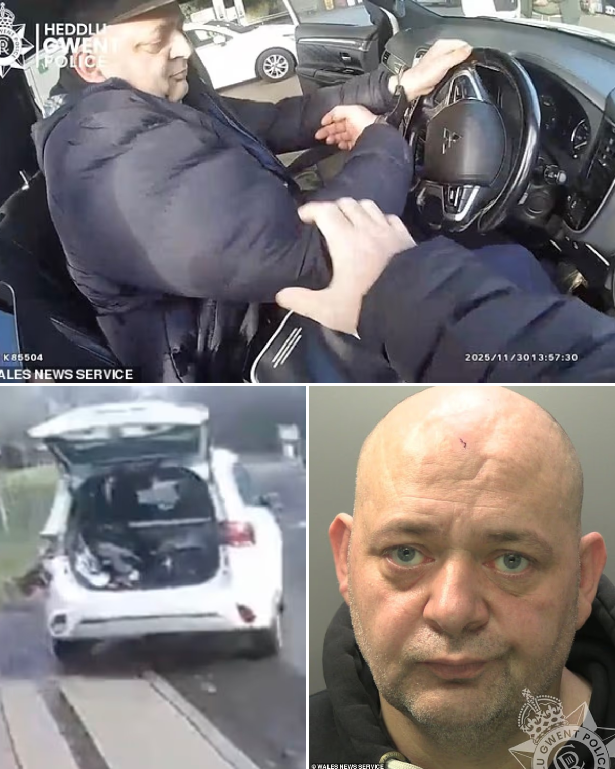 Moment handcuffed criminal speeds away from police with his car doors open after being arrested
