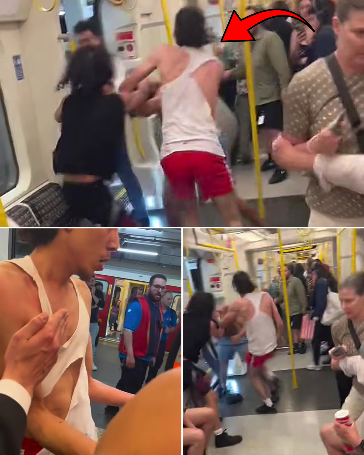 Moment three men brawl on Tube train in front of shocked commuters before it spills onto platform at West London station