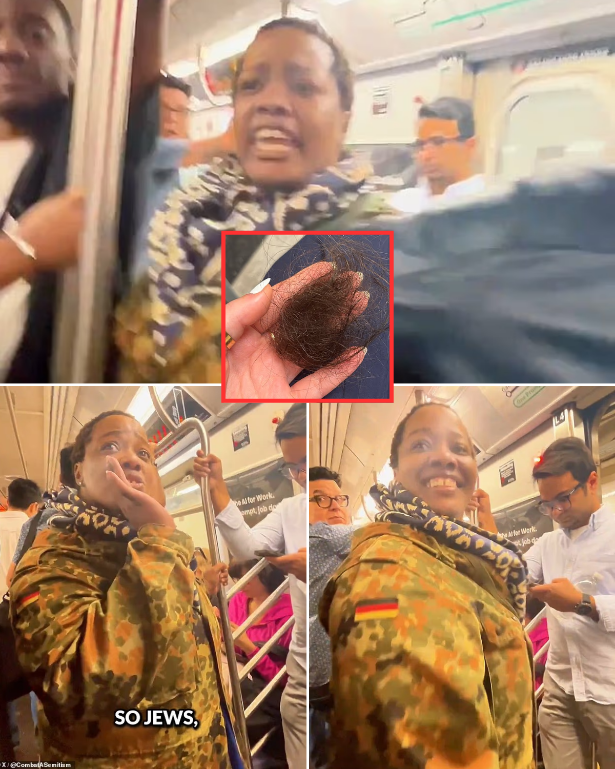 Vile NYC subway anti-Semite filmed ripping at Jewish woman's hair while making slur about eating children