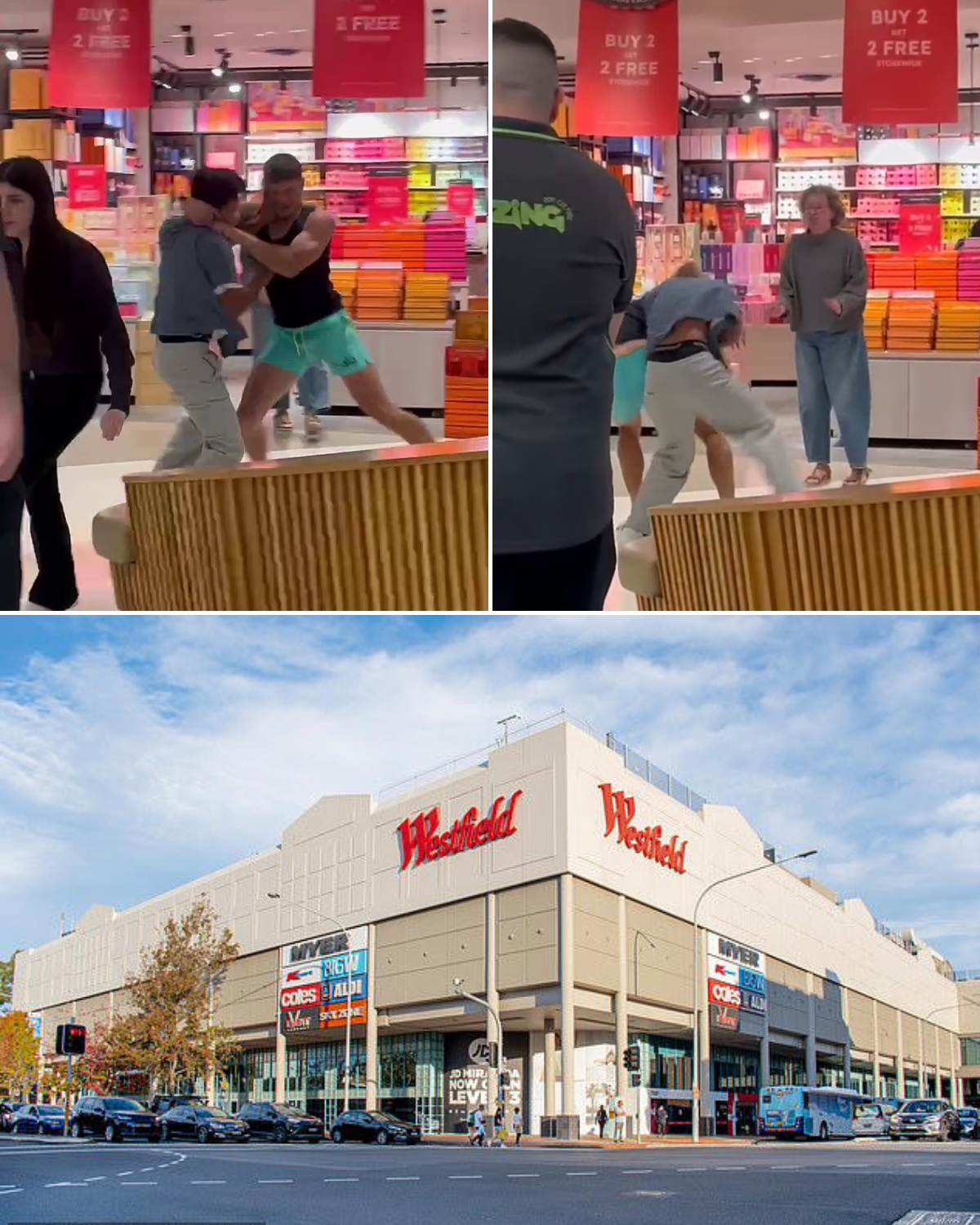 Wild moment middle-aged woman steps in to break up a vicious fight between two young men that erupted outside a scented candle shop