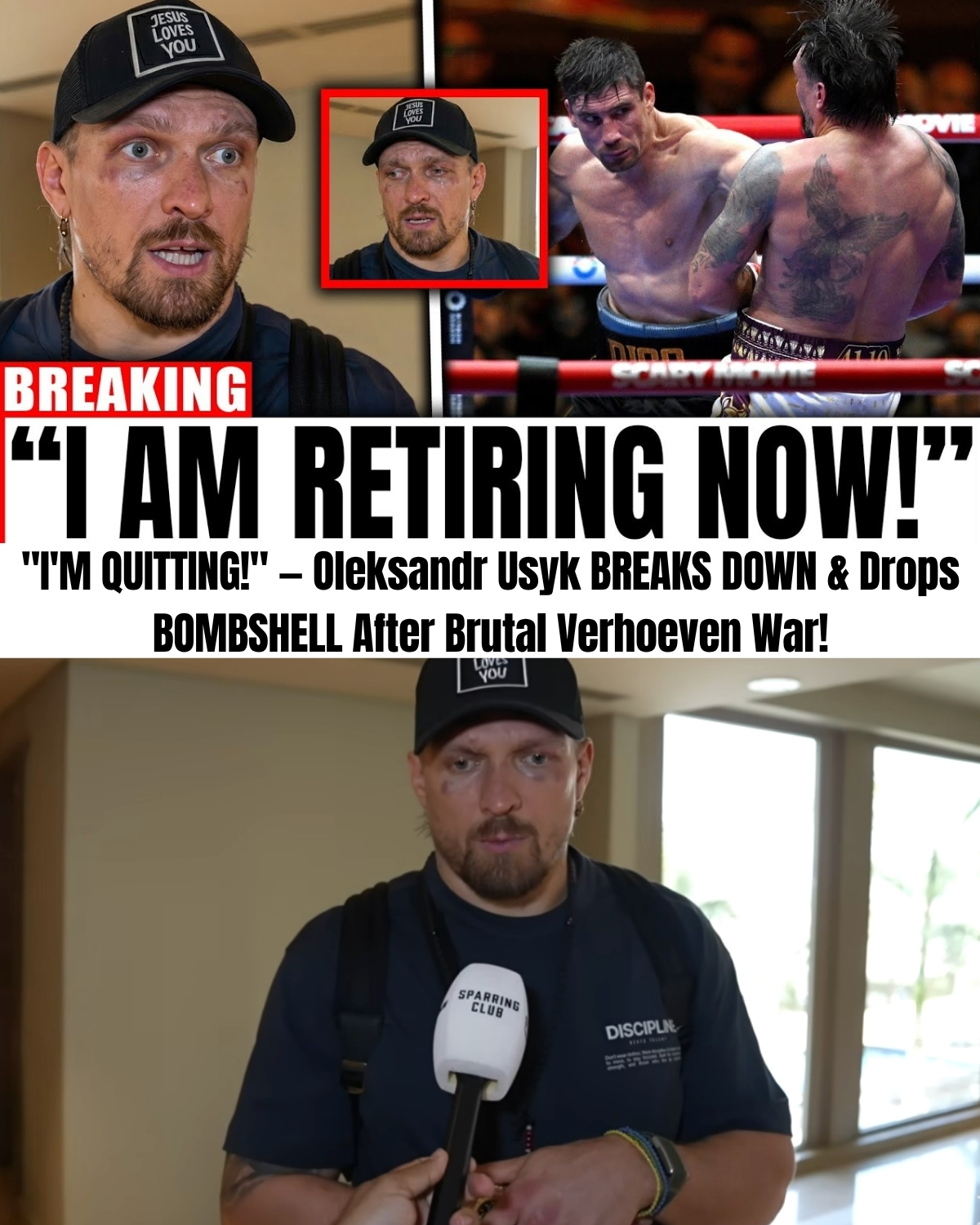 The sports world has just come to a terrifying halt! ๐ฅ Following his brutal 12-round war against Rico Verhoeven, undefeated heavyweight king Oleksandr Usyk completely collapsed emotionally and announced his sudden retirement live on air!