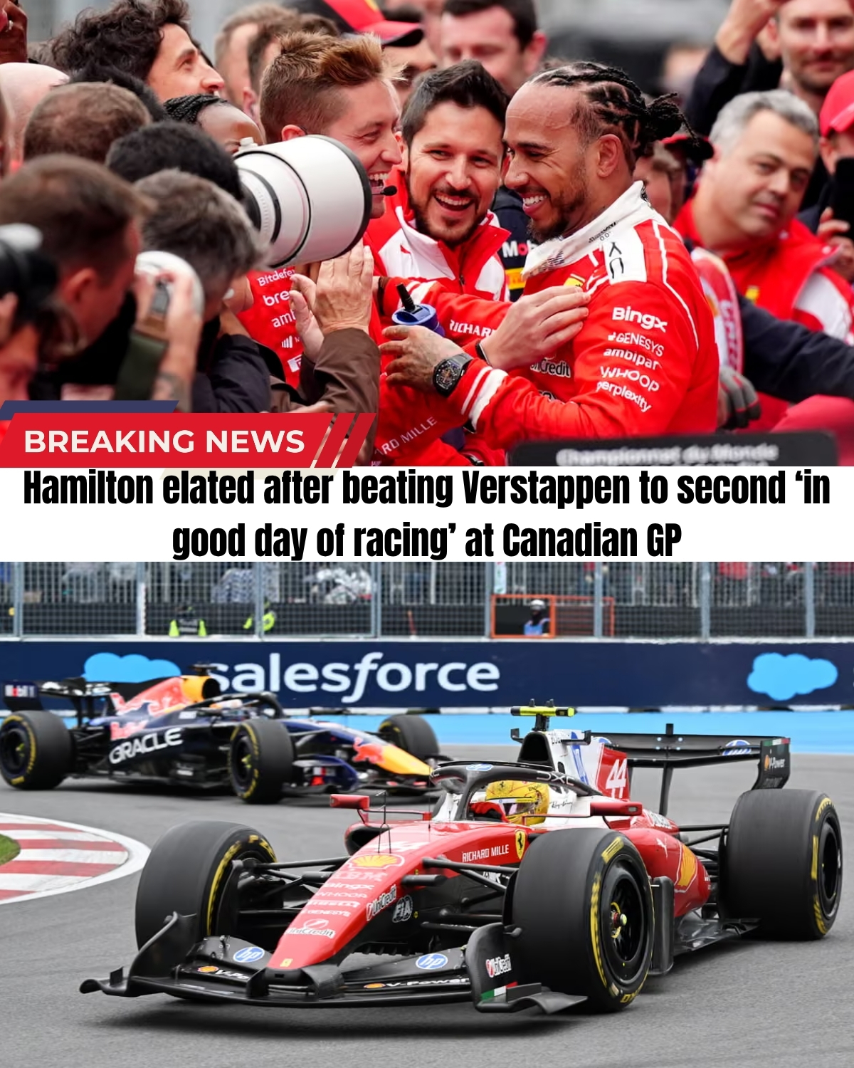 Lewis Hamilton is BACK! 🔴 After a brutal first year at Ferrari, the 7-time champ just pulled off a jaw-dropping overtake on Max Verstappen for his best finish yet!