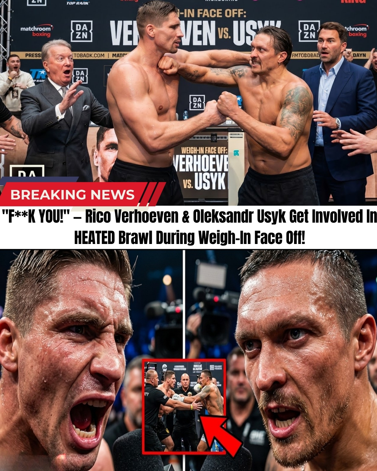 The combat sports world has just exploded into absolute madness! ๐ฅ What was supposed to be a standard faceoff earlier today completely turned into a violent melee as Oleksandr Usyk and Rico Verhoeven launched a flurry of punches at each other live on stage!