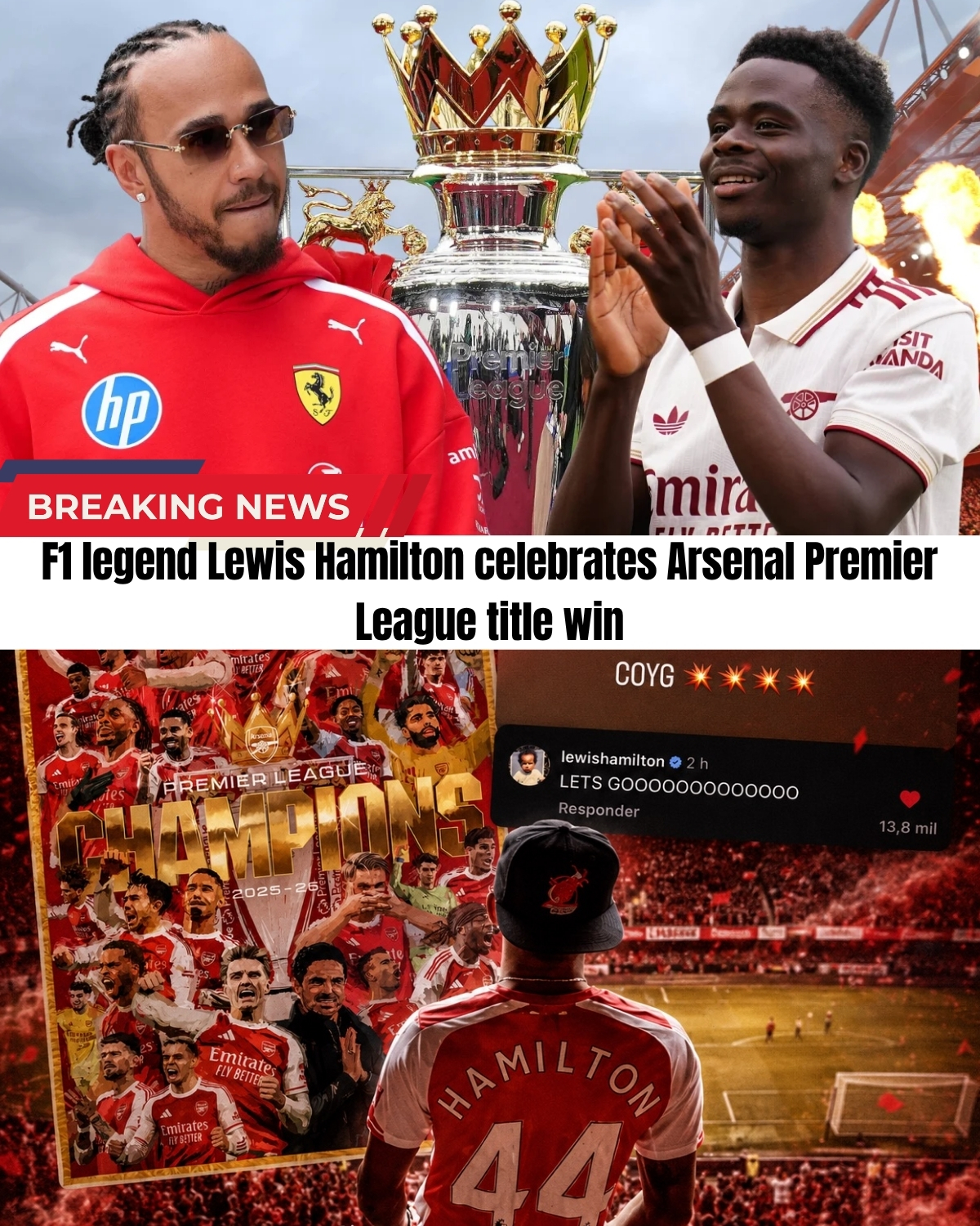 Arsenal claimed the Premier League title after 22 years, and Ferrari’s Lewis Hamilton is hyped! 🏎️💨 He fired off a powerful message that has fans going wild.